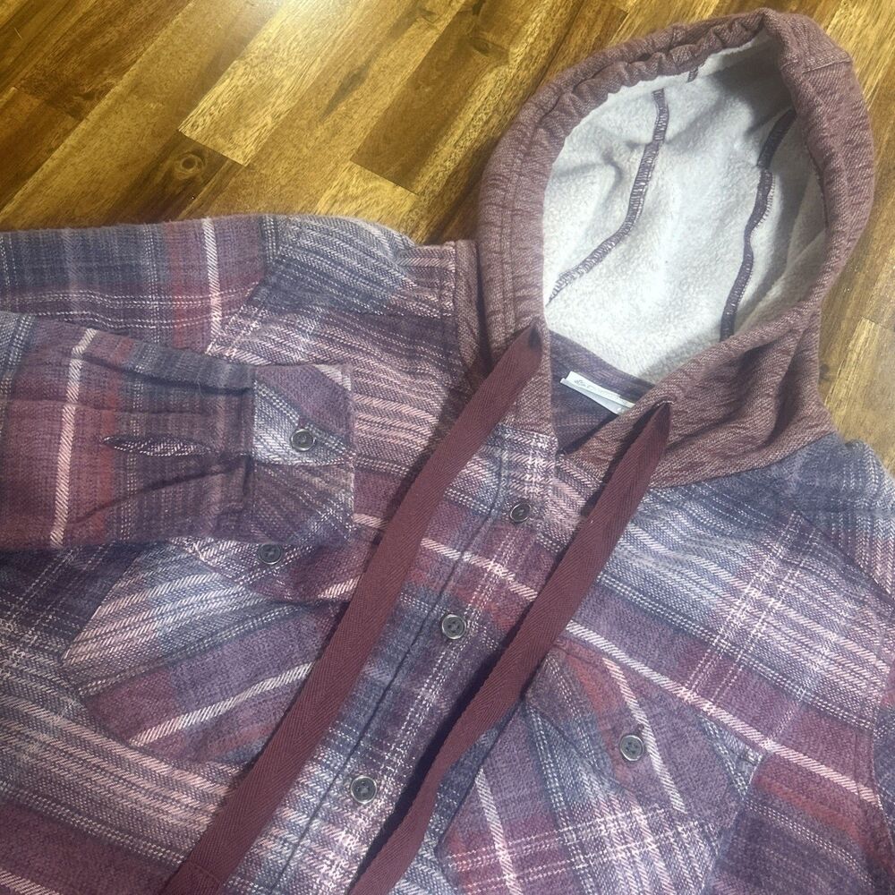 Columbia Hooded Flannel Shirt Women's M Plaid Blue Gray Purple Cotton Button Up